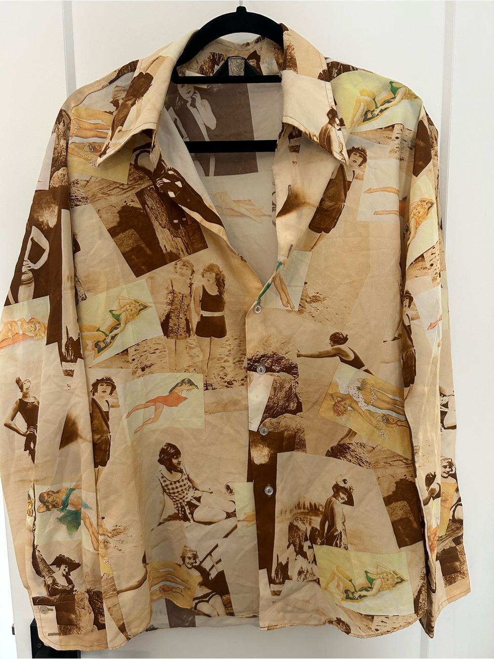Vintage 70s Playboy Beige & Brown Photo Collage Men's Shirt